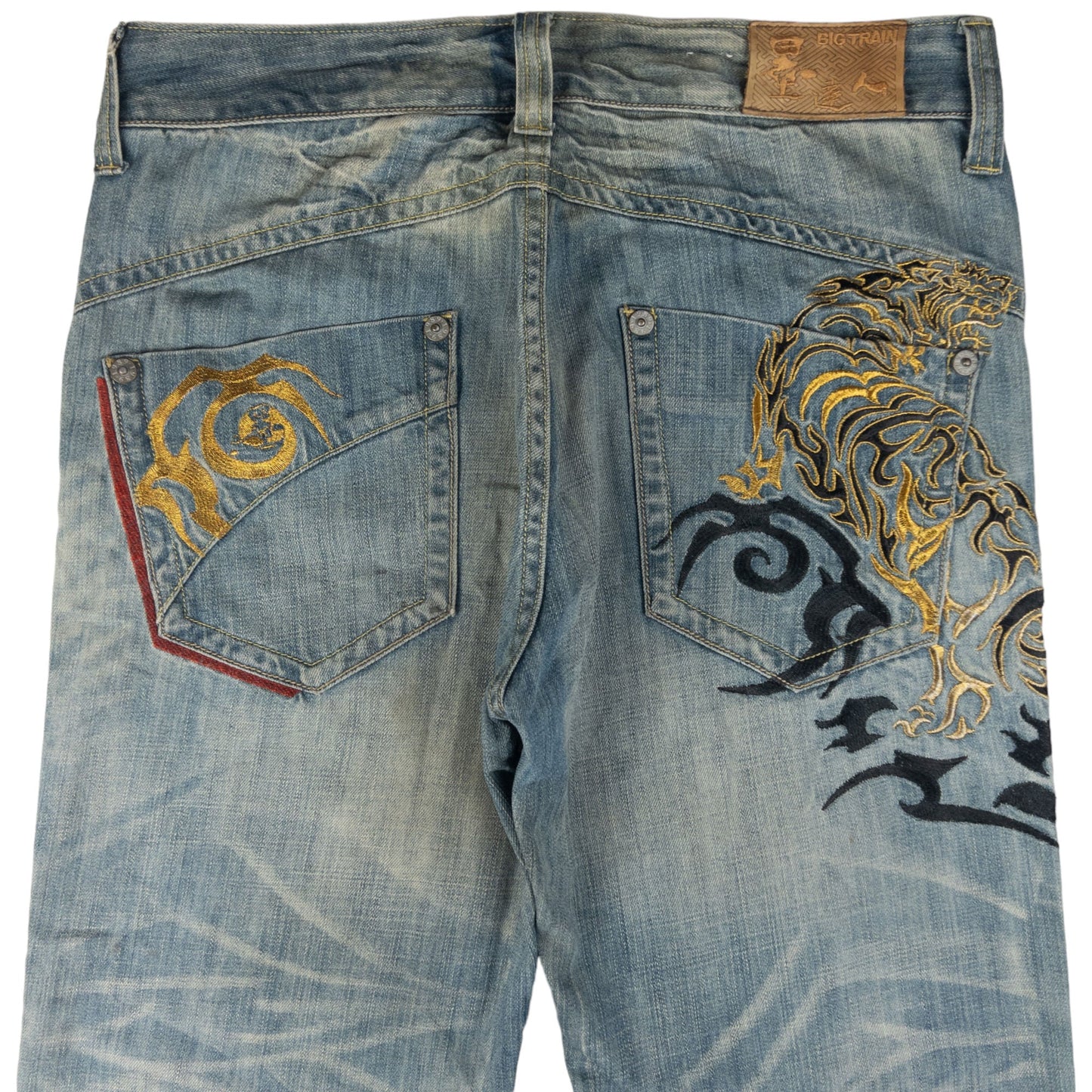 Vintage Big Train Embroidered Tribal Tiger Japanese Denim Jeans Size W35