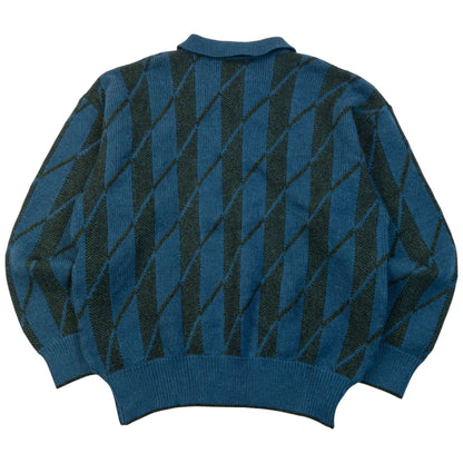 Vintage 80s YSL Yves Saint Laurent Knit Pattern Polo Jumper Size S | Small, Blue
