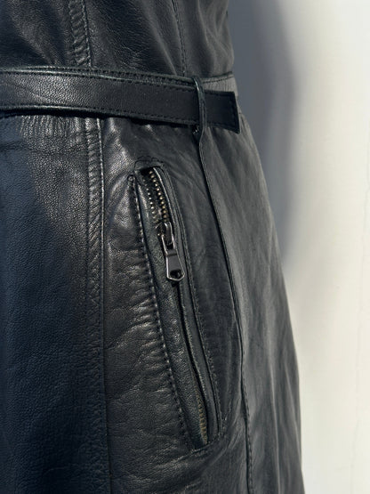 Vintage Italian 1990s double zip leather jacket with belt, XS size, featuring classic distressed leather and retro style.