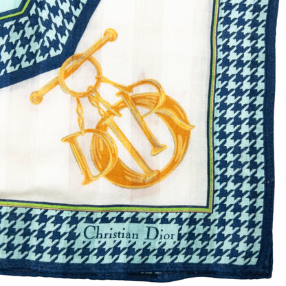 Vintage 90s Dior Houndstooth Silk Scarf | O/S, Blue, White, Yellow