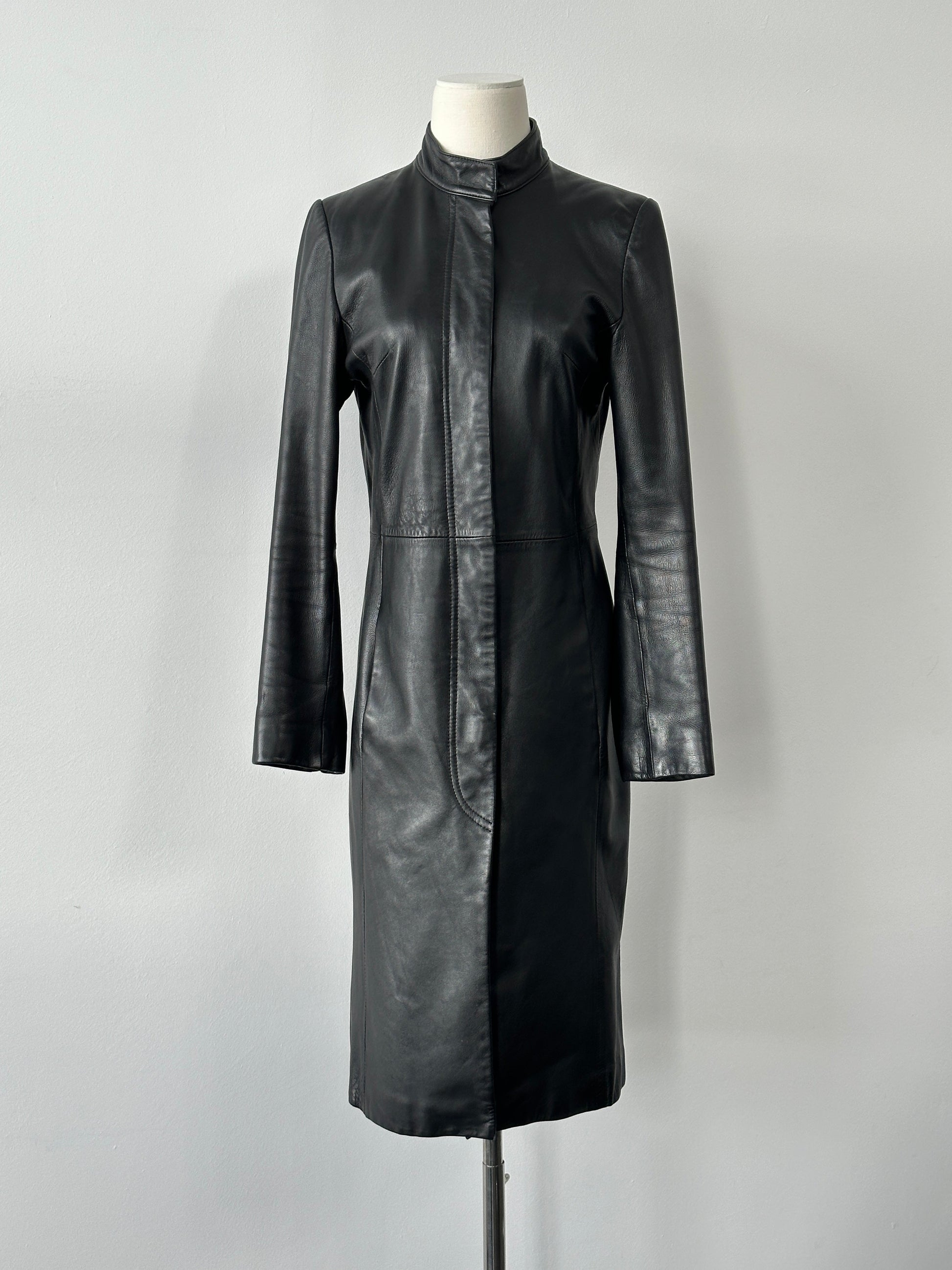 Vintage 1990s Leather High Neck Trench Coat - S