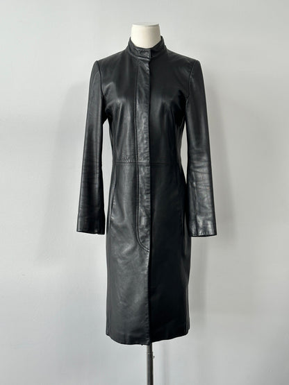 Vintage 1990s Leather High Neck Trench Coat - S