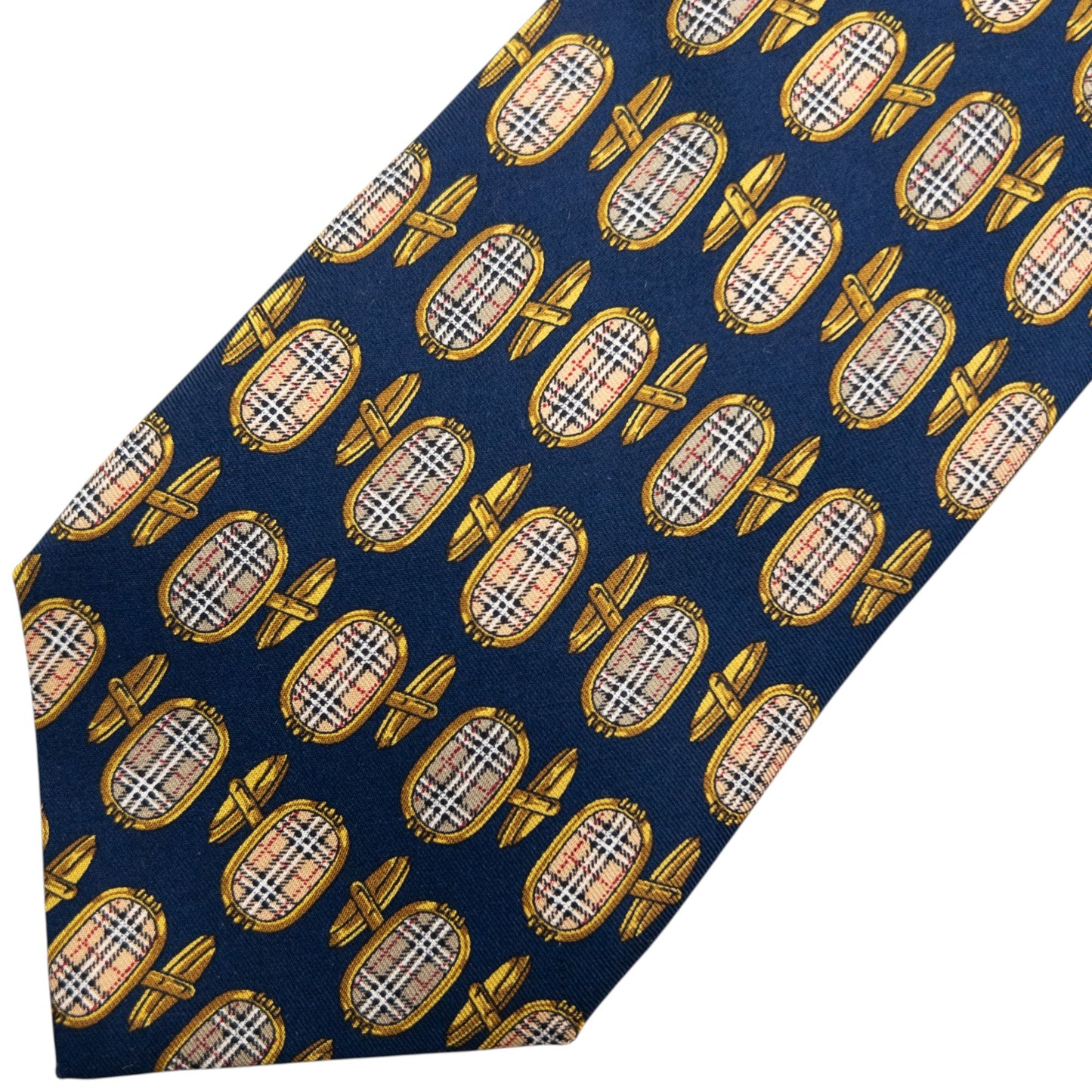 Vintage 80s Burberry Nova Check Cuff Link Print Silk Tie | O/S, Navy