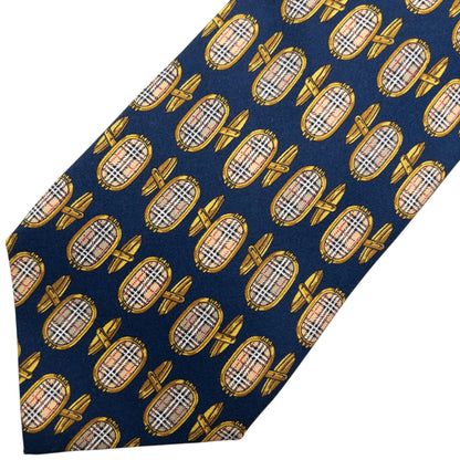 Vintage 80s Burberry Nova Check Cuff Link Print Silk Tie | O/S, Navy