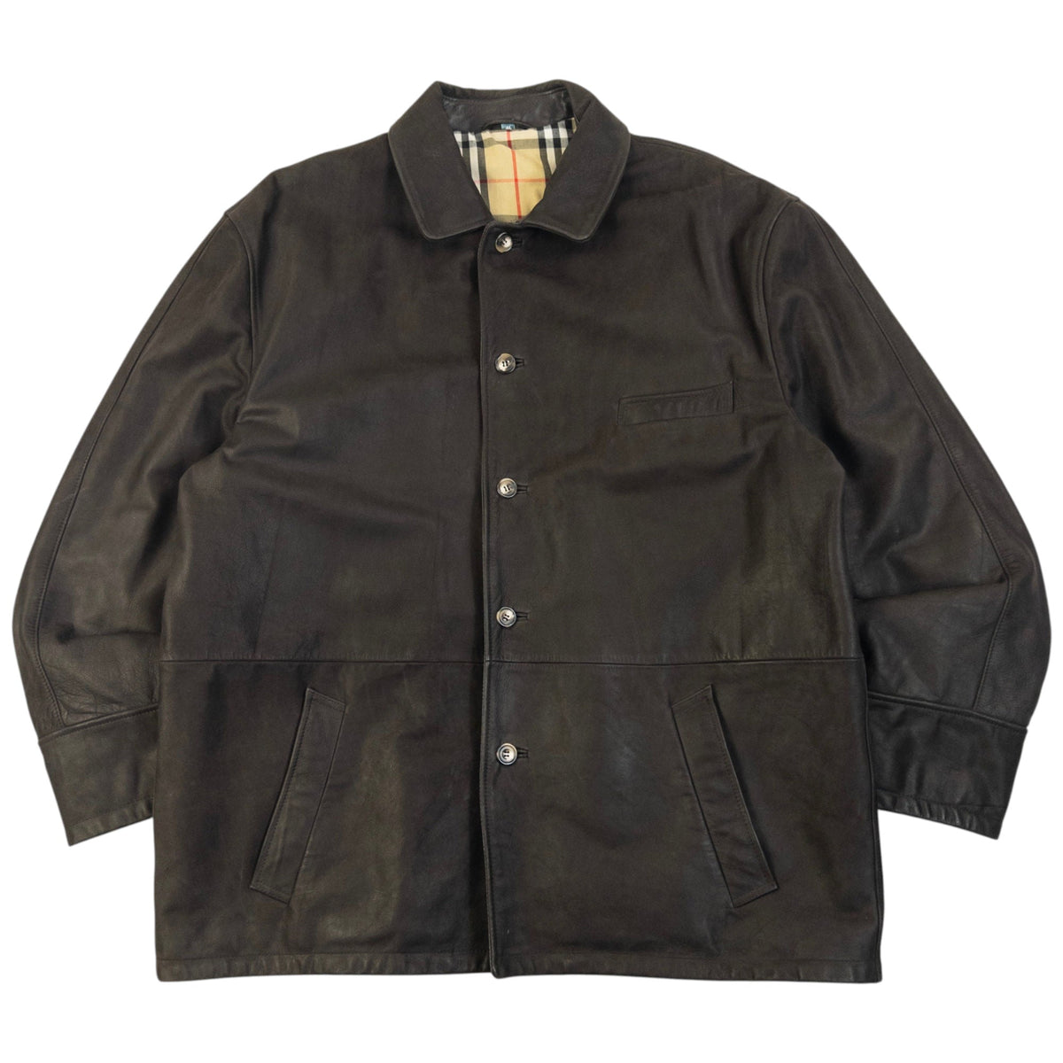 Vintage 2000s Burberry Nova Check Lined Leather Jacket Size XL | XL, Brown