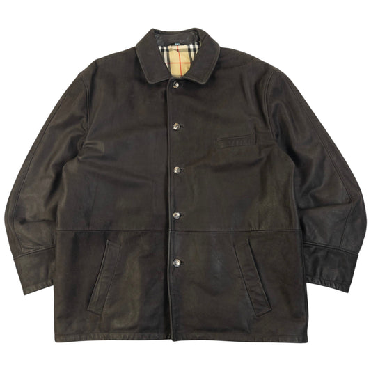 Vintage 2000s Burberry Nova Check Lined Leather Jacket Size XL | XL, Brown