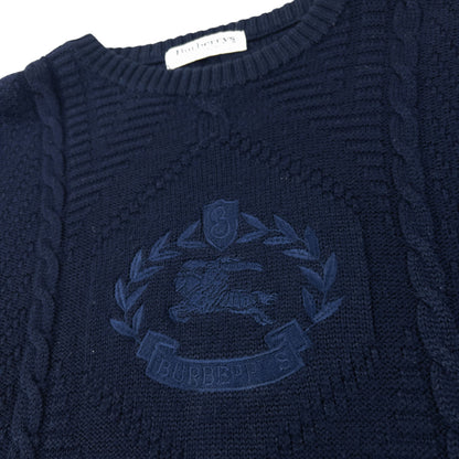 Vintage 90s Burberry Embroidered Wool Cable Knit Jumper Size XL | XL, Navy