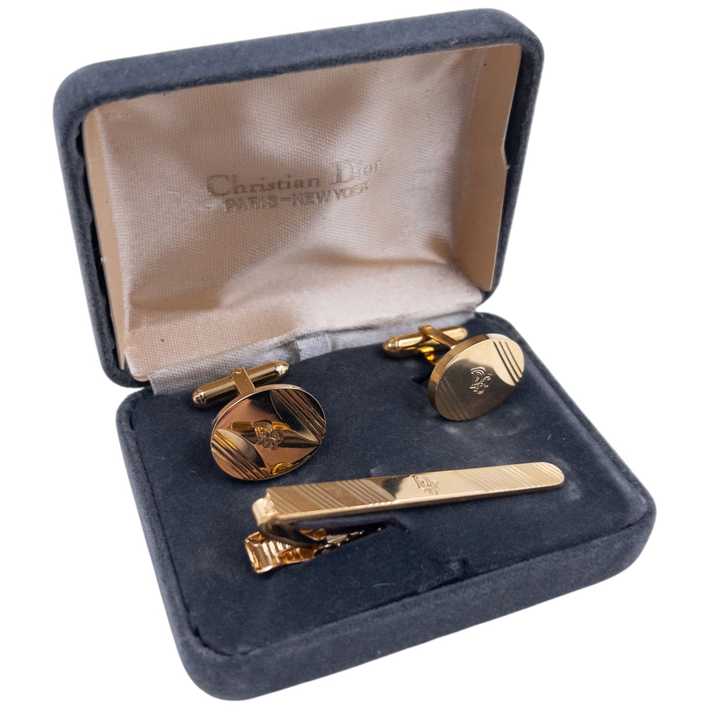 Vintage 80s Dior Embossed Cufflinks & Tie Clip Set | O/S, Gold