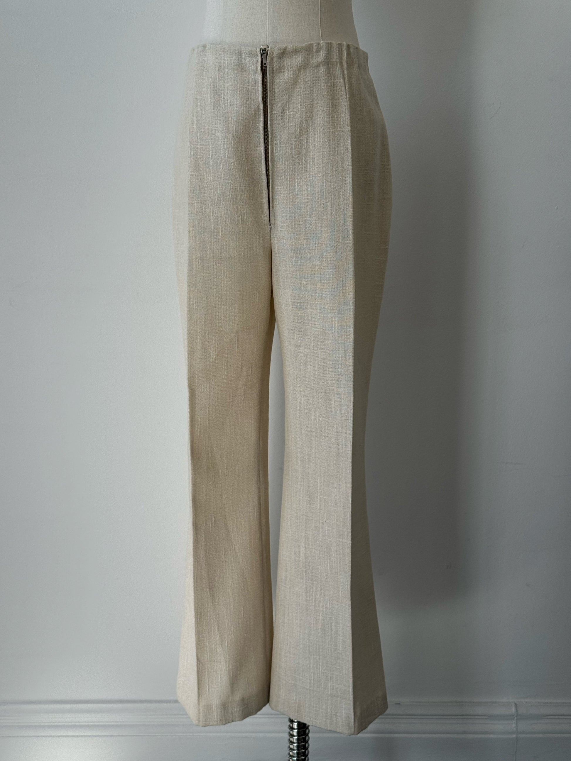 Vintage 1990s linen high waist cropped trousers in natural beige, featuring a relaxed fit and vintage style.