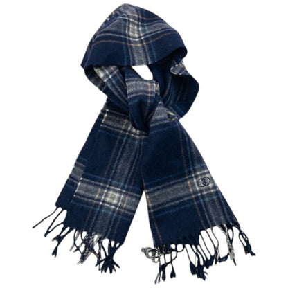 Vintage 80s Gucci Checkered Cashmere Tassel Scarf | O/S, Navy