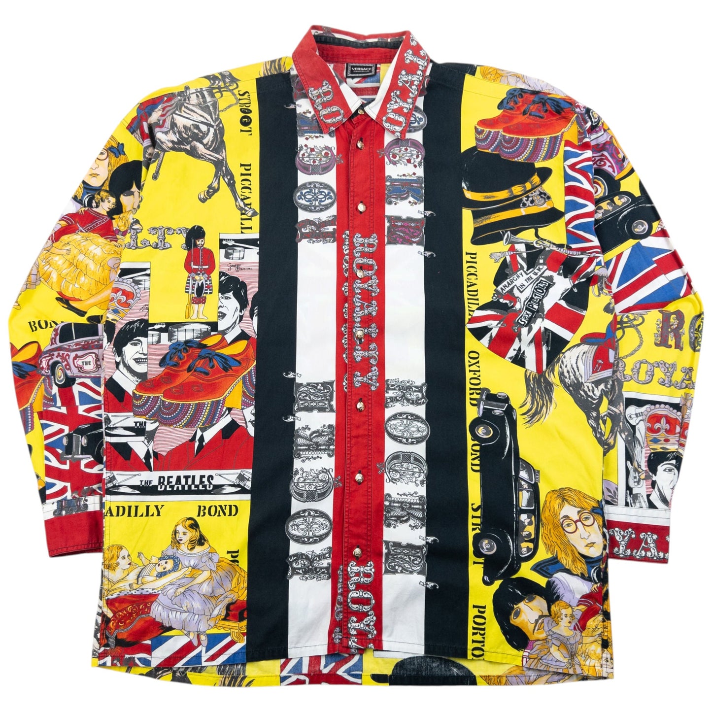 Vintage 90s Versace Jeans Couture Rock N Roll Royalty Print Button Up Shirt Size XL | XL, Multicolour
