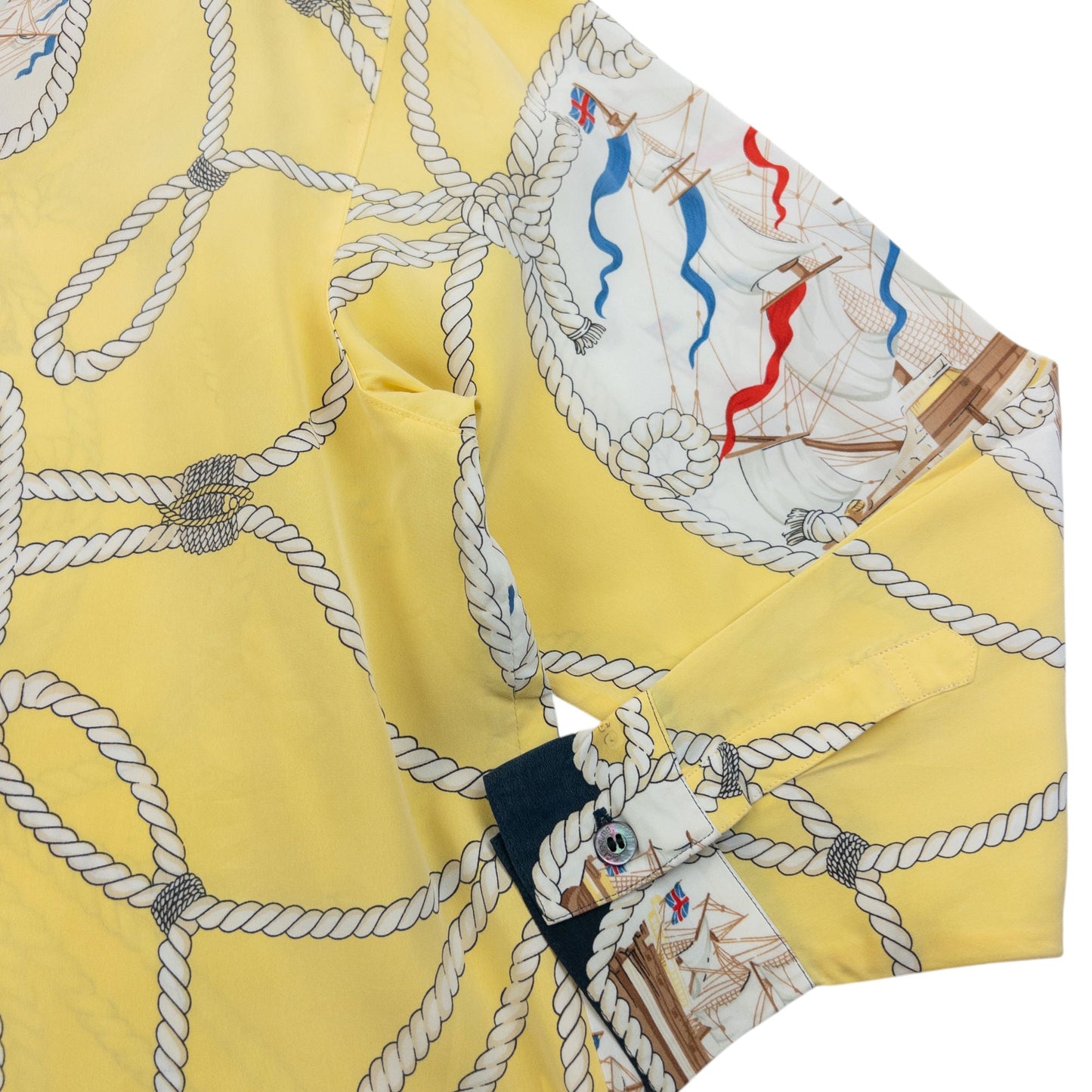 Vintage 80s Burberry Nautical Rope Ship Long Sleeve Button Up Silk Shirt Size L | Large, Yellow