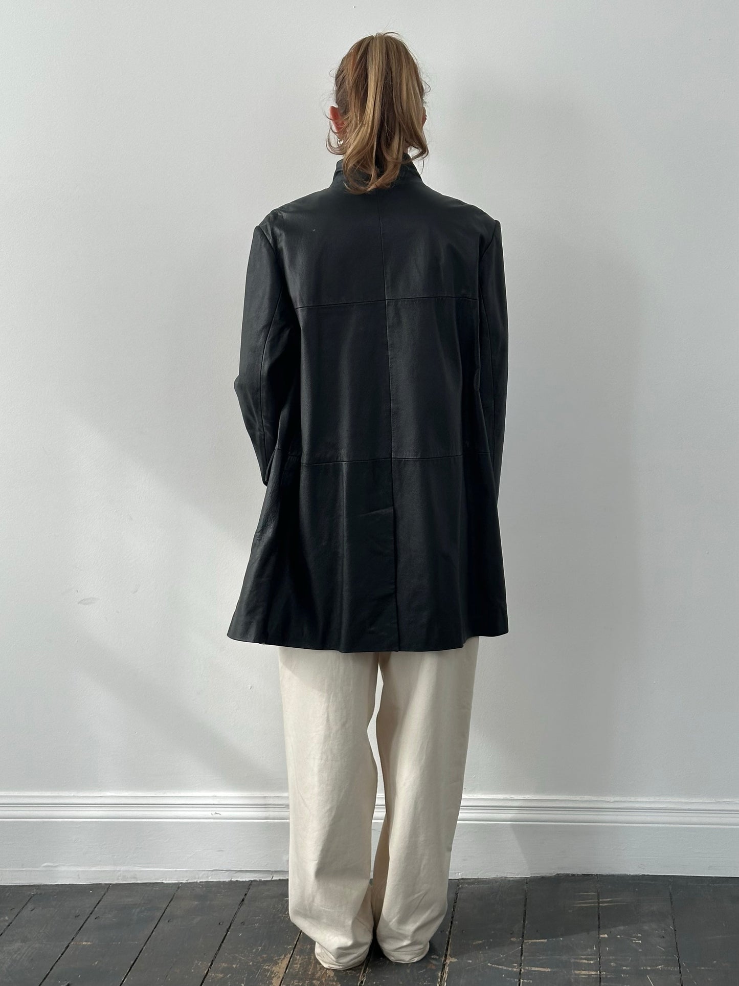 Vintage 1990s Collarless Leather Trench Coat - L/XL