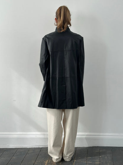 Vintage 1990s Collarless Leather Trench Coat - L/XL