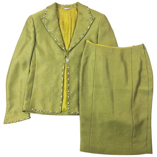 Vintage 90s Gianni Versace Couture Studded Jacket & Skirt Suit Set Womens Size XS | XS, Green