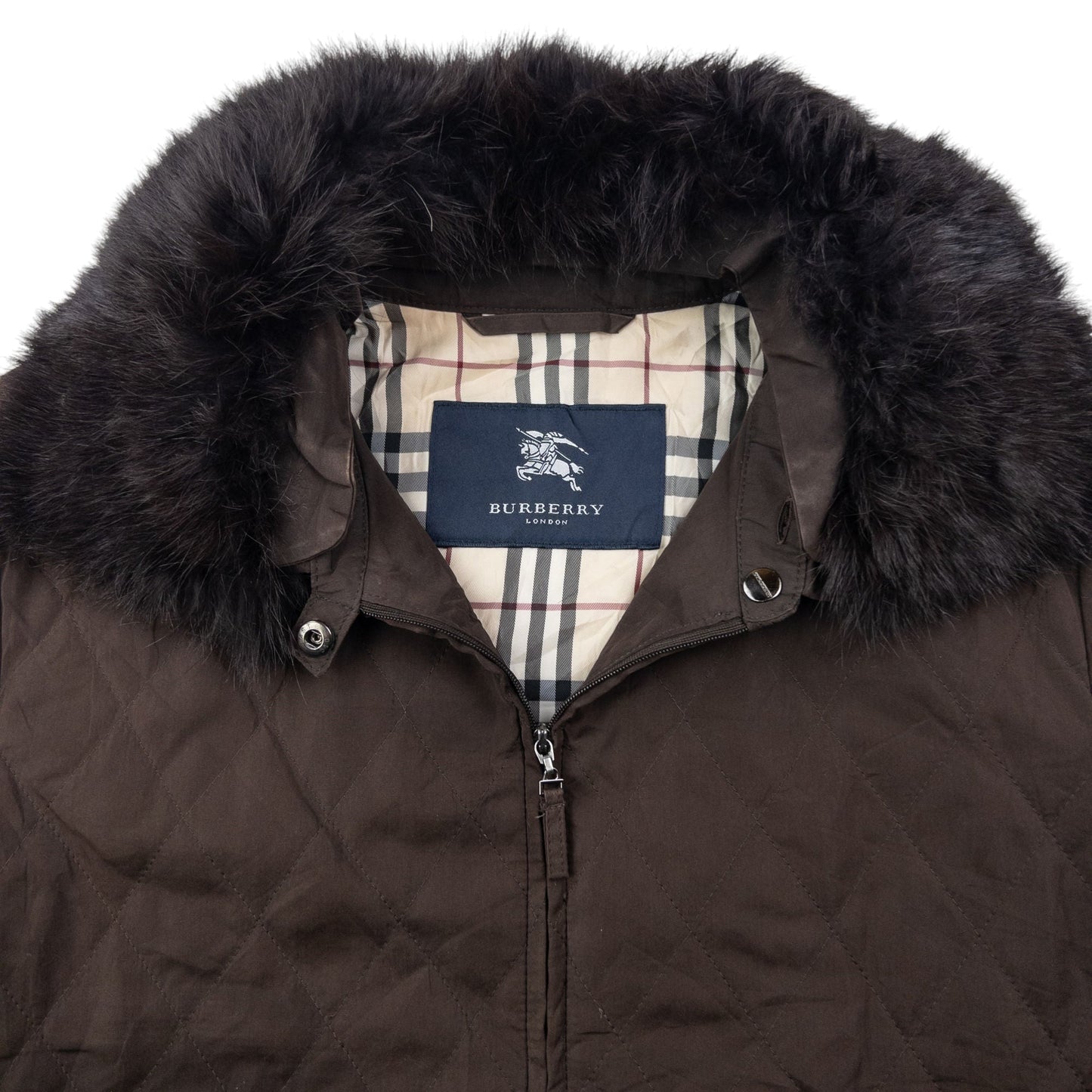 Vintage 2000s Burberry Nova Check Lined Fur Collar Quilted Jacket Womens Size L | Large, Brown
