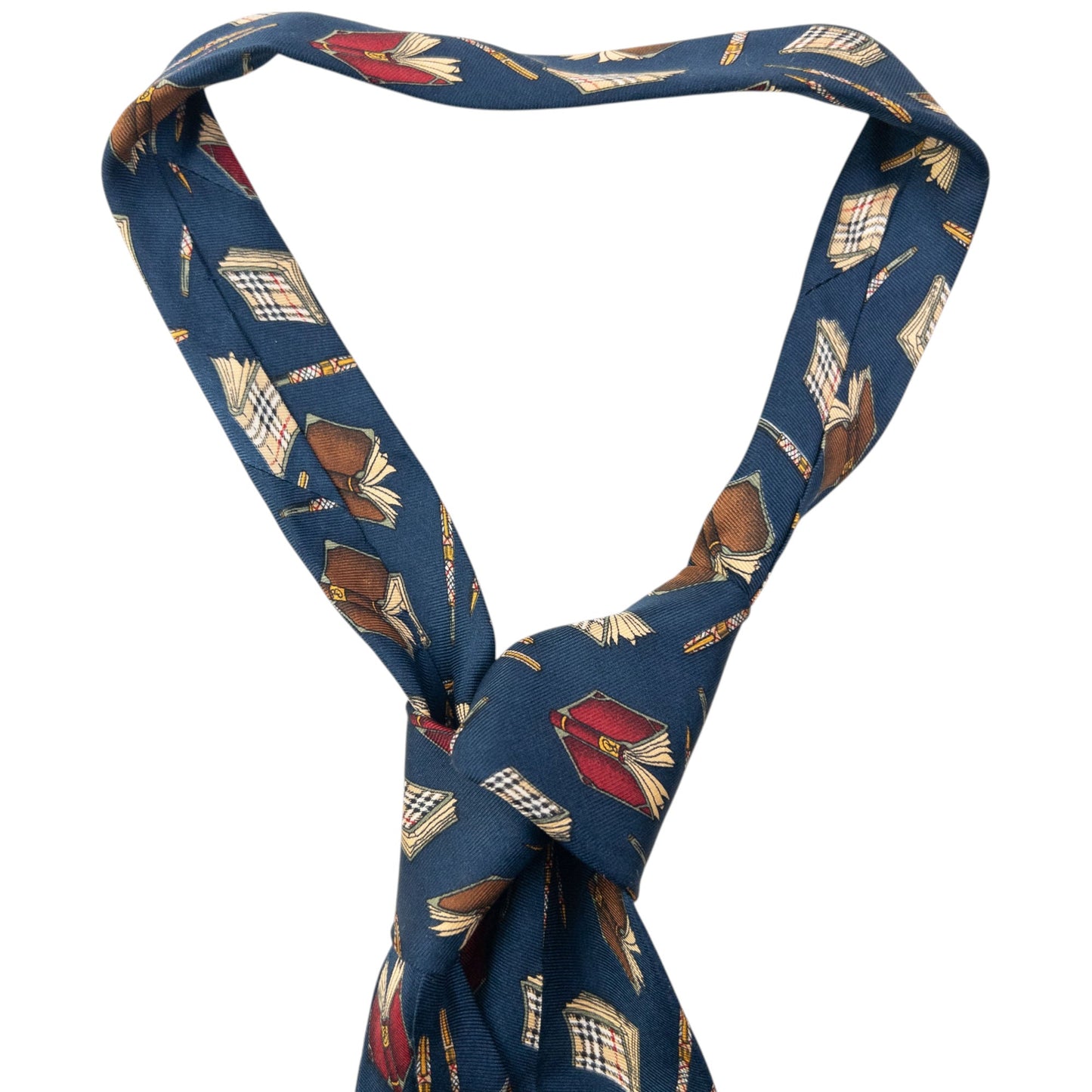 Vintage 90s Burberry Book & Pen Pattern Silk Tie | O/S, Blue