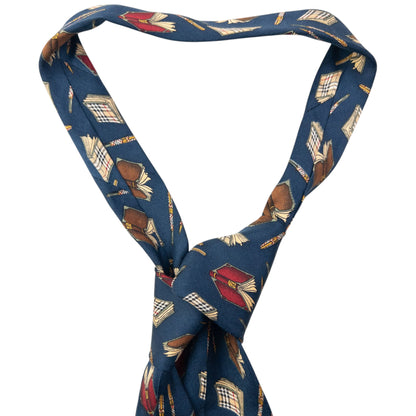Vintage 90s Burberry Book & Pen Pattern Silk Tie | O/S, Blue