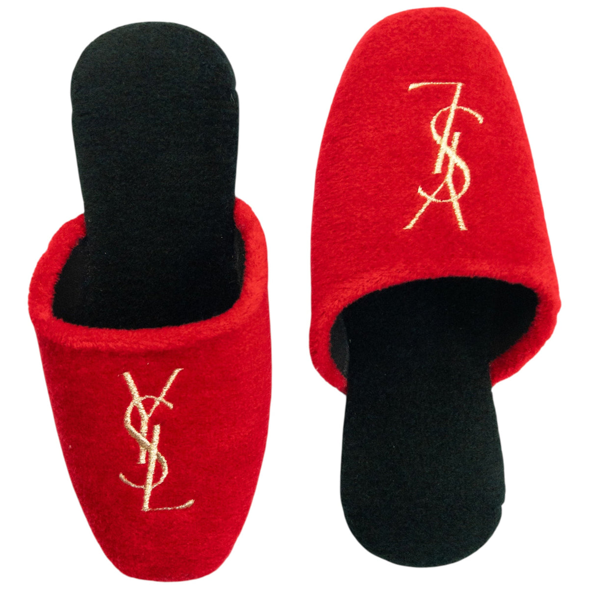 Vintage 80s YSL Yves Saint Laurent Embroidered Fleece Slippers Womens Size 6 | ONE SIZE, Gold