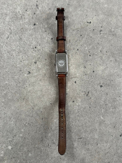 Emporio Armani 2000s leather watch with classic round dial and sleek black leather strap, stylish men's wristwatch.