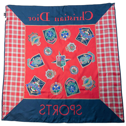 Vintage 90s Dior Tartan Badge Print Silk Scarf | O/S, Red