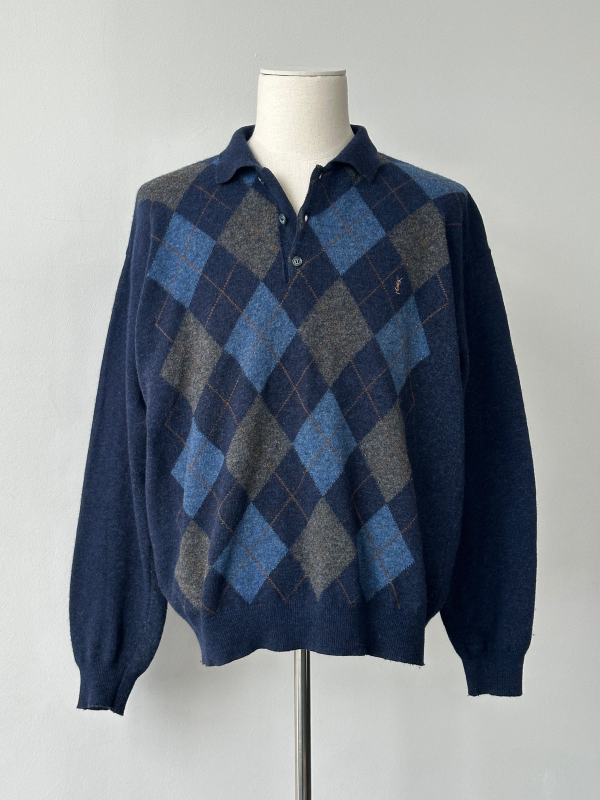 Yves Saint Laurent Doorume 1990s Lambswool Argyle Polo Jumper - L