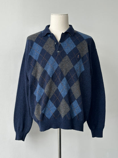 Yves Saint Laurent Doorume 1990s Lambswool Argyle Polo Jumper - L