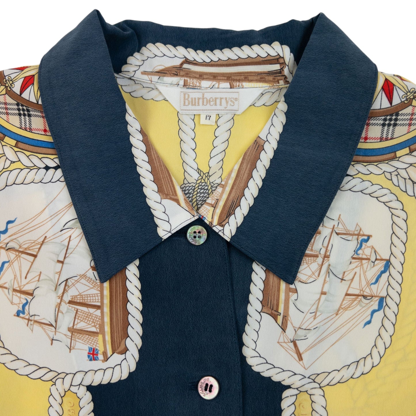 Vintage 80s Burberry Nautical Rope Ship Long Sleeve Button Up Silk Shirt Size L | Large, Yellow