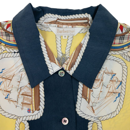 Vintage 80s Burberry Nautical Rope Ship Long Sleeve Button Up Silk Shirt Size L | Large, Yellow