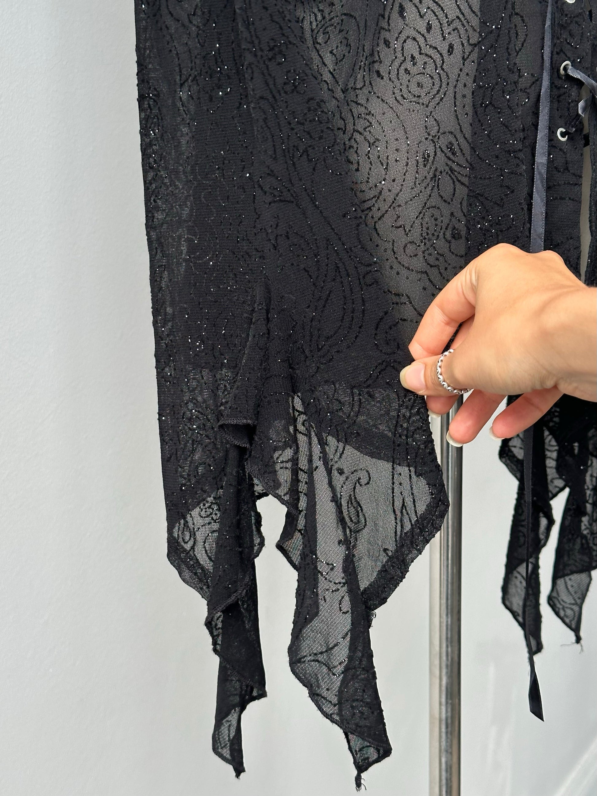 Vintage 1990s Sheer Lace Up Glittery Shirt - M-L