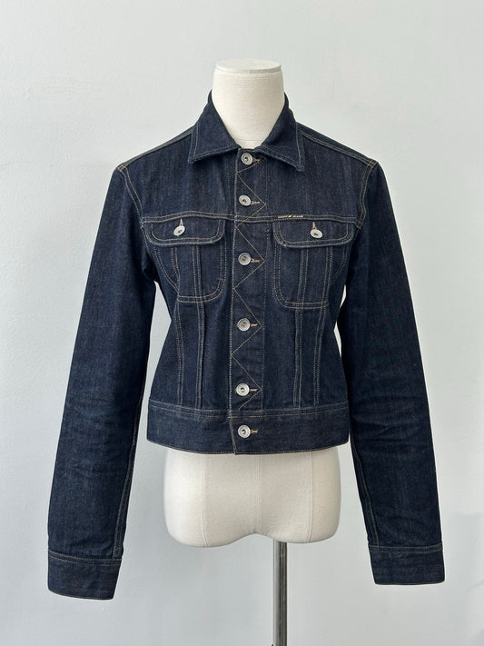 DKNY jeans 2000s fitted denim jacket in pure cotton, featuring classic blue denim and a tailored, stylish fit.