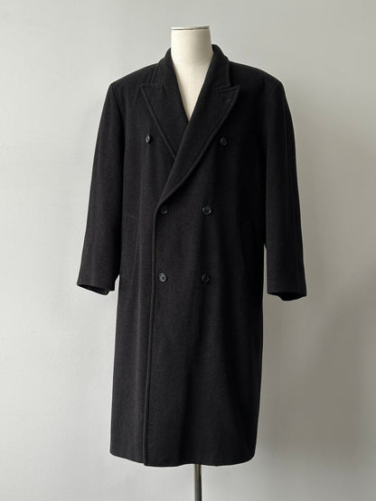 Vintage 1990s pure wool double-breasted coat in size XL, showcasing classic design and textured fabric.