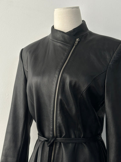 Vintage 1990s asymmetric belted leather jacket, small size, featuring classic leather texture and stylish design details.