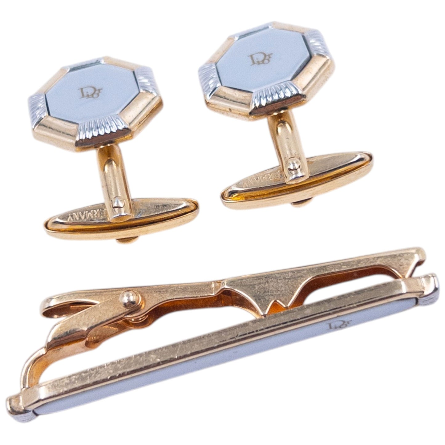 Vintage 90s Dior Embossed Cufflinks & Tie Clip Set | O/S, Gold