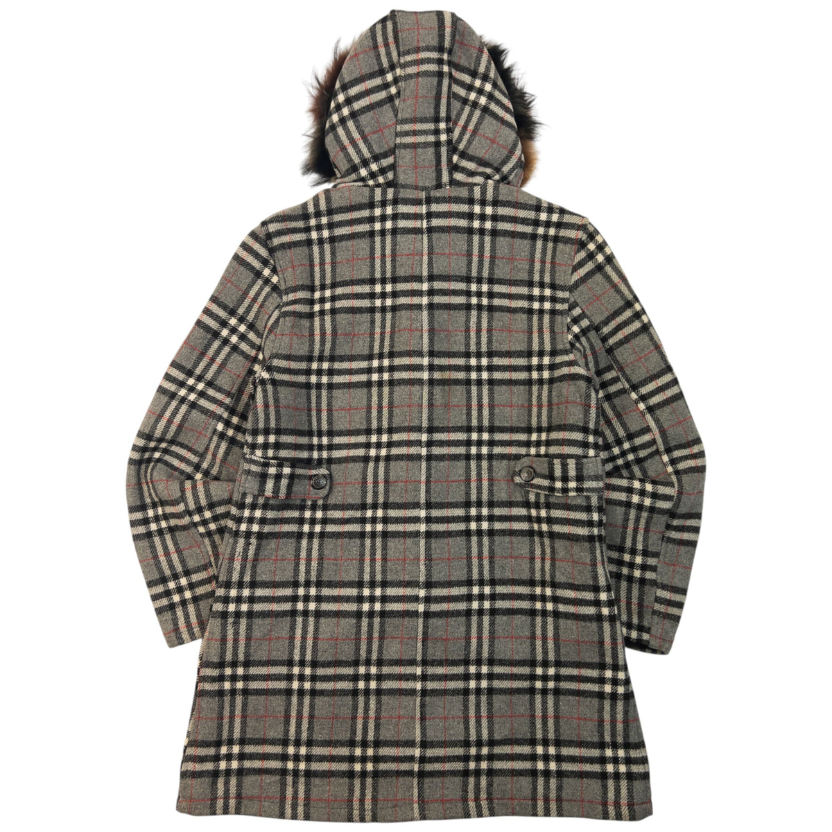 Vintage 90s Burberry Fur Hood Nova Check Wool Duffle Jacket Womens Size M | O/S, Grey