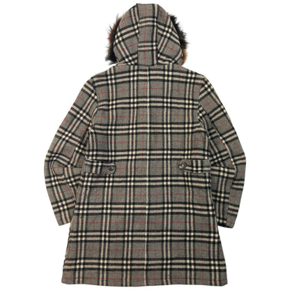 Vintage 90s Burberry Fur Hood Nova Check Wool Duffle Jacket Womens Size M | O/S, Grey