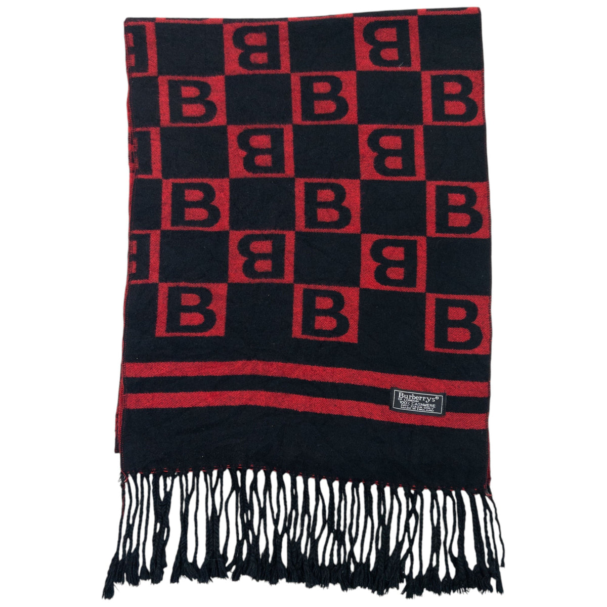 Vintage 90s Burberry Monogram Checkered Cashmere Tassel Scarf | O/S, Black