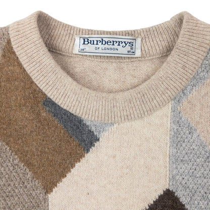 Vintage 90s Burberry Geometric Wool Knit Jumper Size L | Large, Beige, Brown, Grey