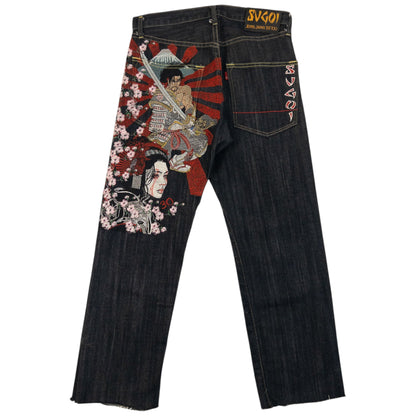Vintage 2000s Sugoi Embroidered Samurai Geisha Japanese Denim Jeans Size W29 | W29, Black