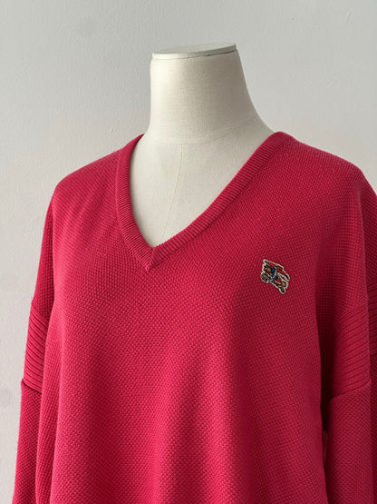 Burberry 1980s V-neck logo knit jumper in size L, classic beige and check pattern, soft wool blend, vintage fashion style.