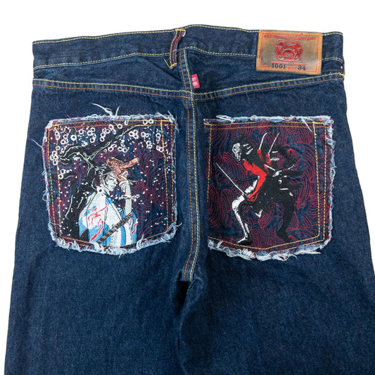 Vintage RMC Red Monkey Company Japanese Samurai Embroidered Denim Jeans Size W34