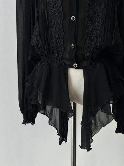 Vintage 1990s Sheer Ruffle Lace Cardigan - M-L