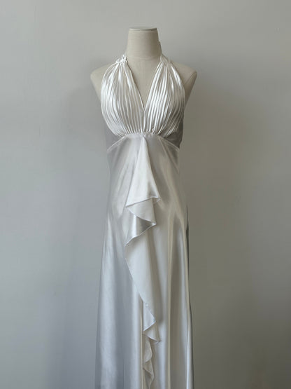 French Vintage 1990s Satin Halter Neck Floor Length Dress - M-L