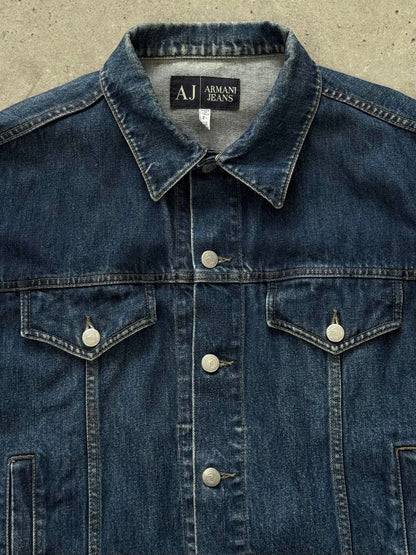 Armani Jeans 1990s pure cotton denim jacket shown with classic blue wash, button-front, and traditional collar, casual and stylish.
