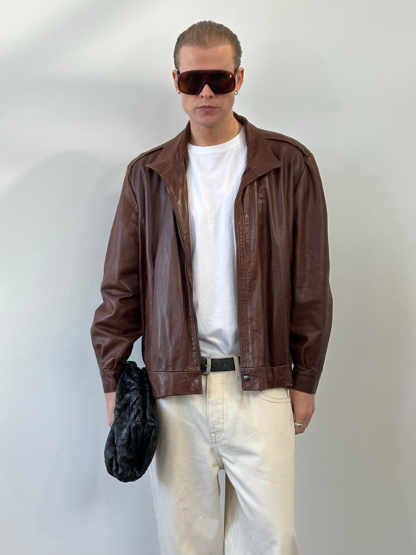 British Vintage 1980s High Neck Leather Bomber Jacket - L