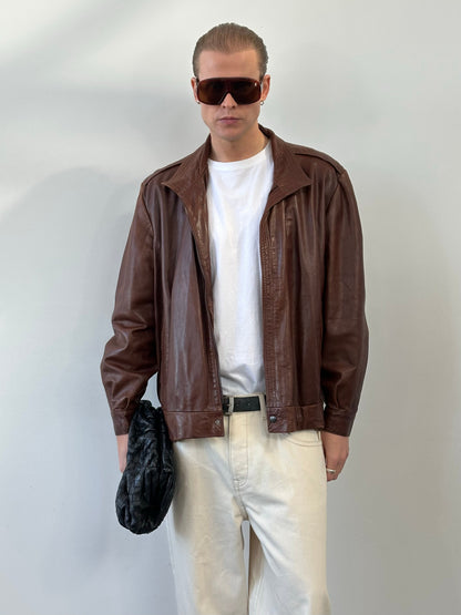 British Vintage 1980s High Neck Leather Bomber Jacket - L