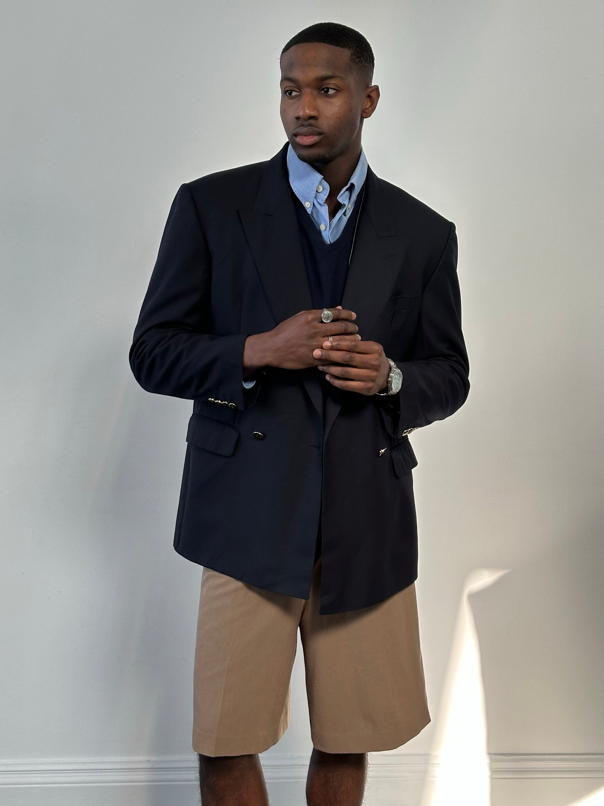 Burberry 1990s bespoke wool double-breasted blazer in size 42R/XL, featuring classic button details and tailored fit.