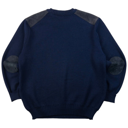 Vintage 90s Burberry Suede Patch Wool Jumper Size L | Large, Navy
