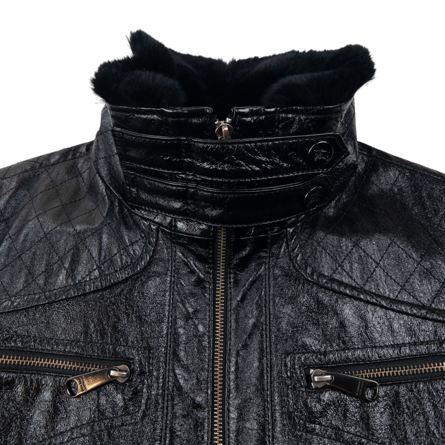 Vintage 2000s Burberry Fur Collar Nova Check Lined Leather Jacket Womens Size L | Large, Black