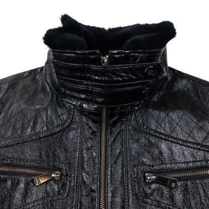 Vintage 2000s Burberry Fur Collar Nova Check Lined Leather Jacket Womens Size L | Large, Black